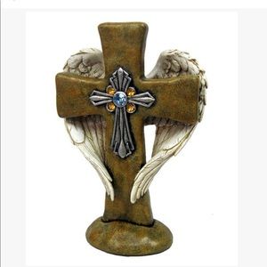 De Leon- 2 Cross w/ Angel wings- Brown and white-silver cross w/ jewel accents